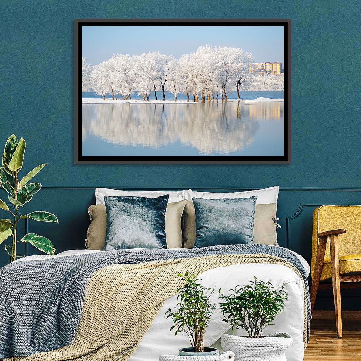 Winter Lake Reflection Wall Art in a room, landscape