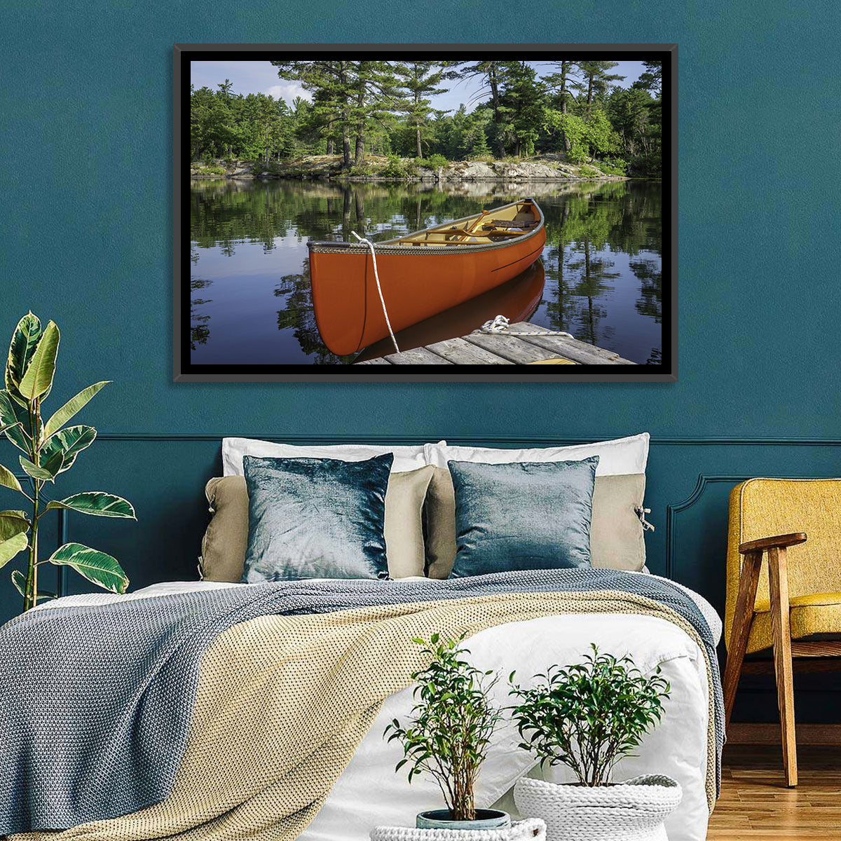 Orange Canoe on Ontario Lake Wall Art in a room, landscape