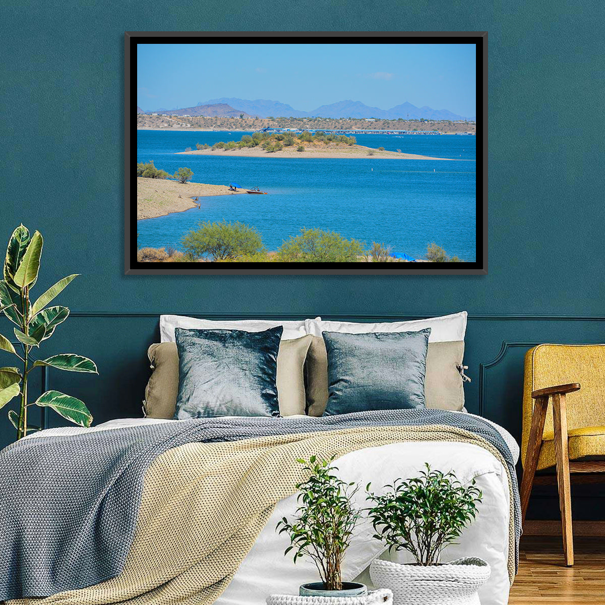 Lake Pleasant Shoreline with Boat Wall Art in a room, landscape