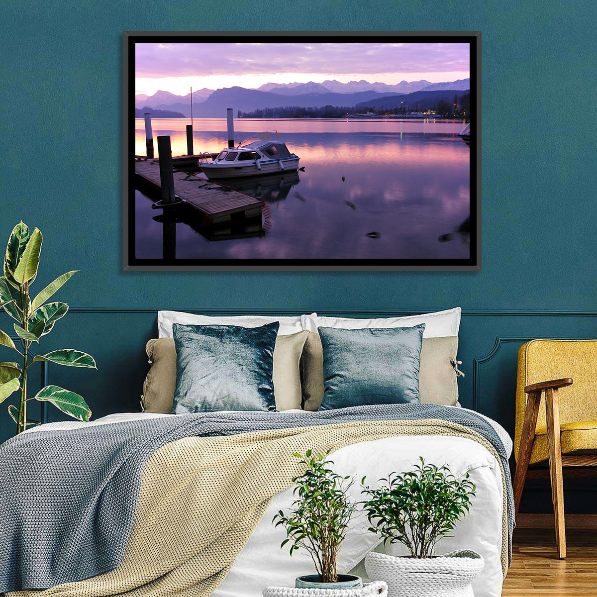 Lake Lucerne Pier at Dusk Wall Art in a room, landscape