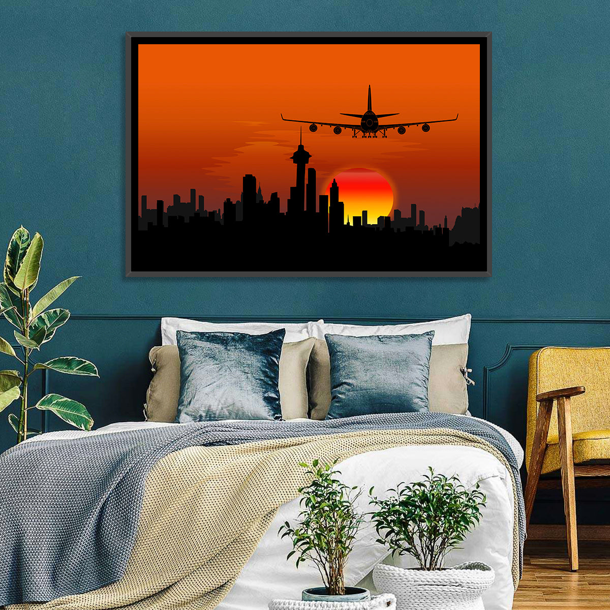 Approaching Jet Over Sunset Skyline Wall Art in a room, landscape