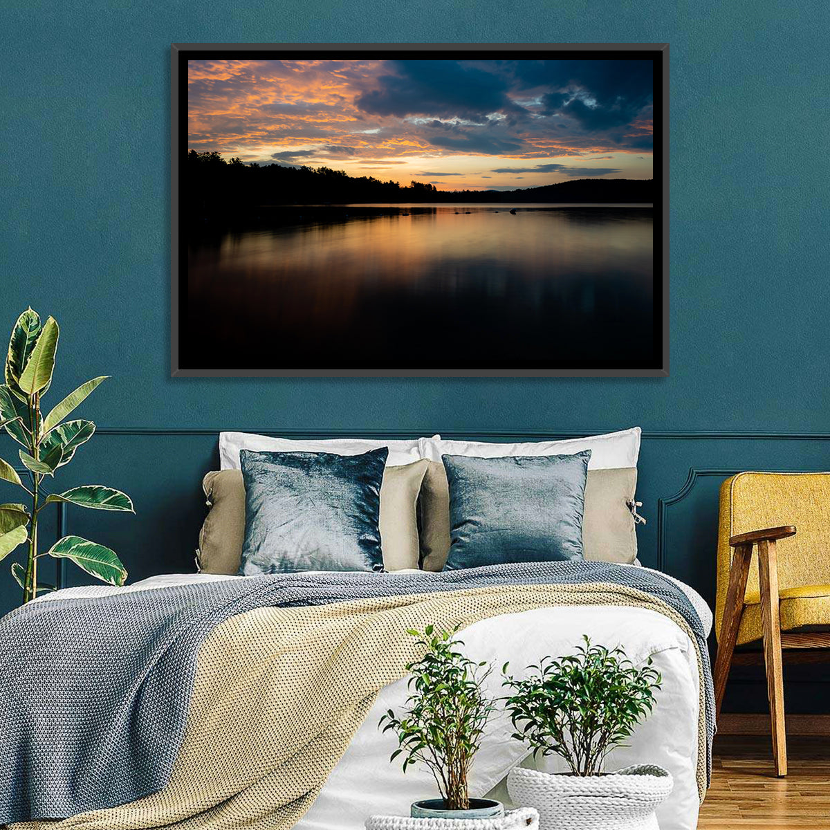 Lake Squam Sunrise Reflection Wall Art in a room, landscape