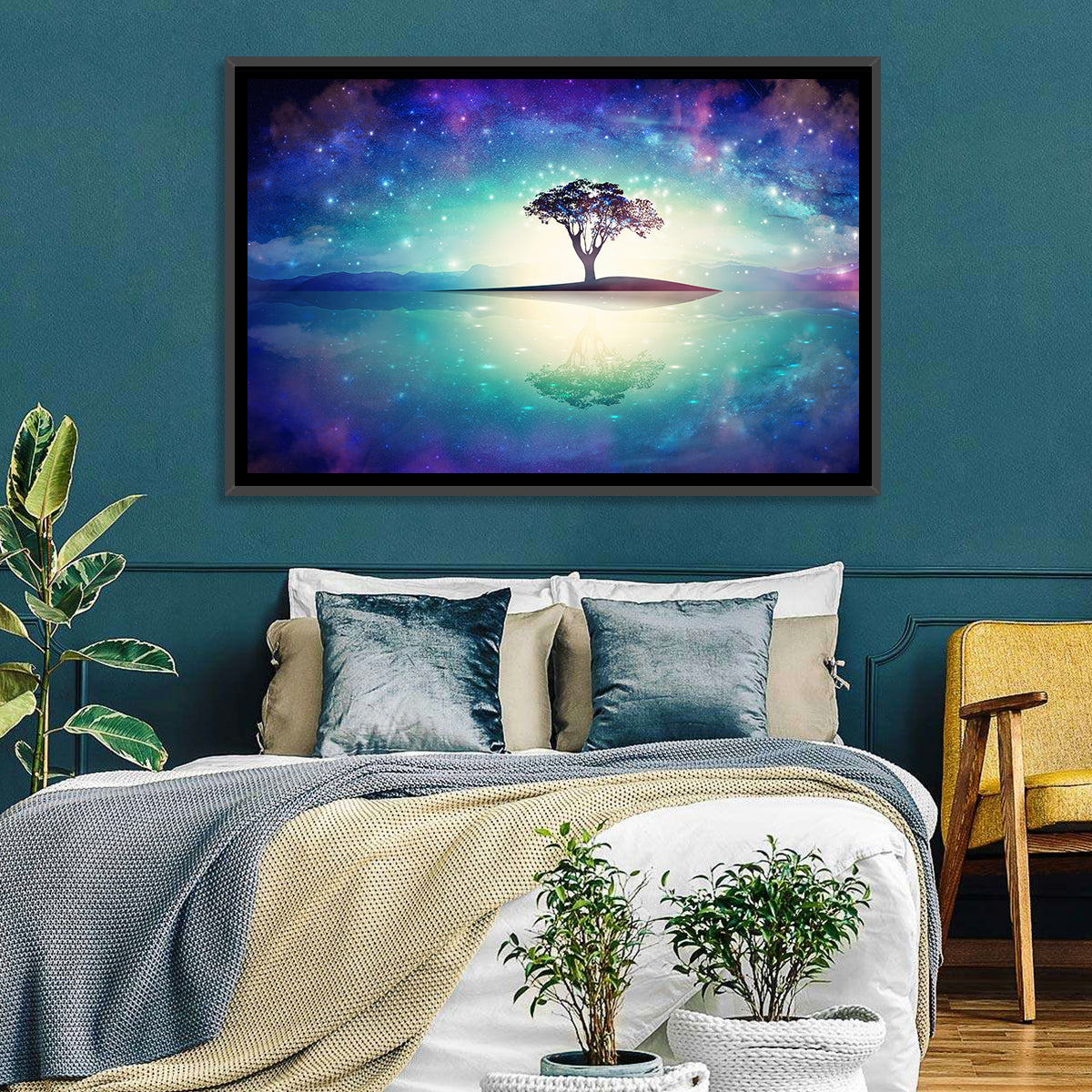 Glowing Island Tree Under Starry Nebula Wall Art in a room, landscape