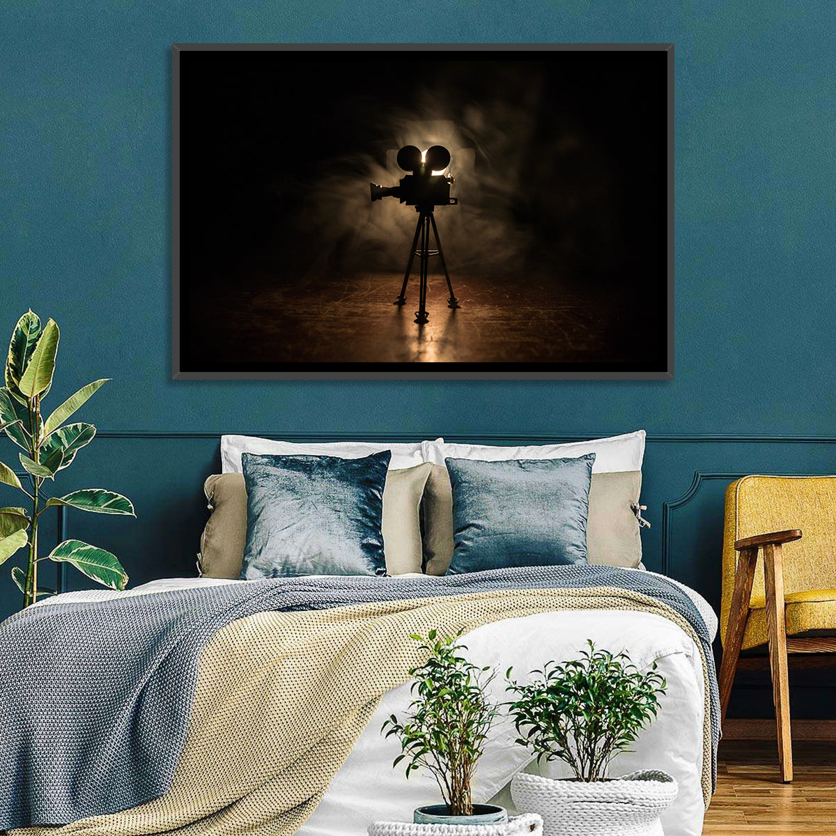 Backlit Vintage Movie Camera Wall Art in a room, landscape