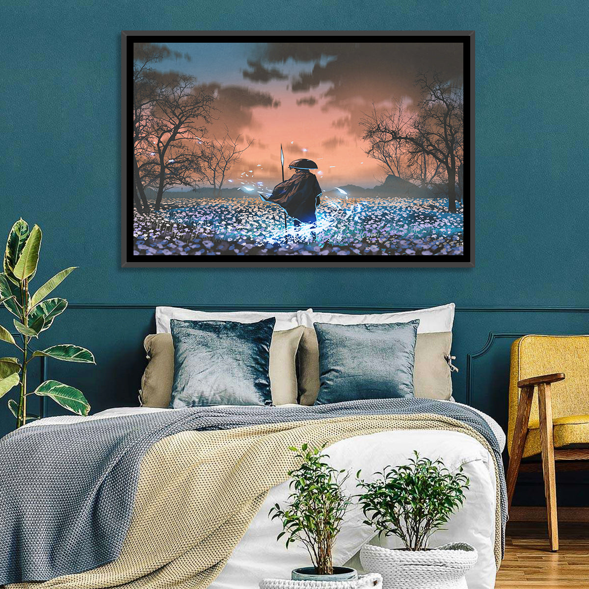 Straw Hat Samurai at Dusk Wall Art in a room, landscape