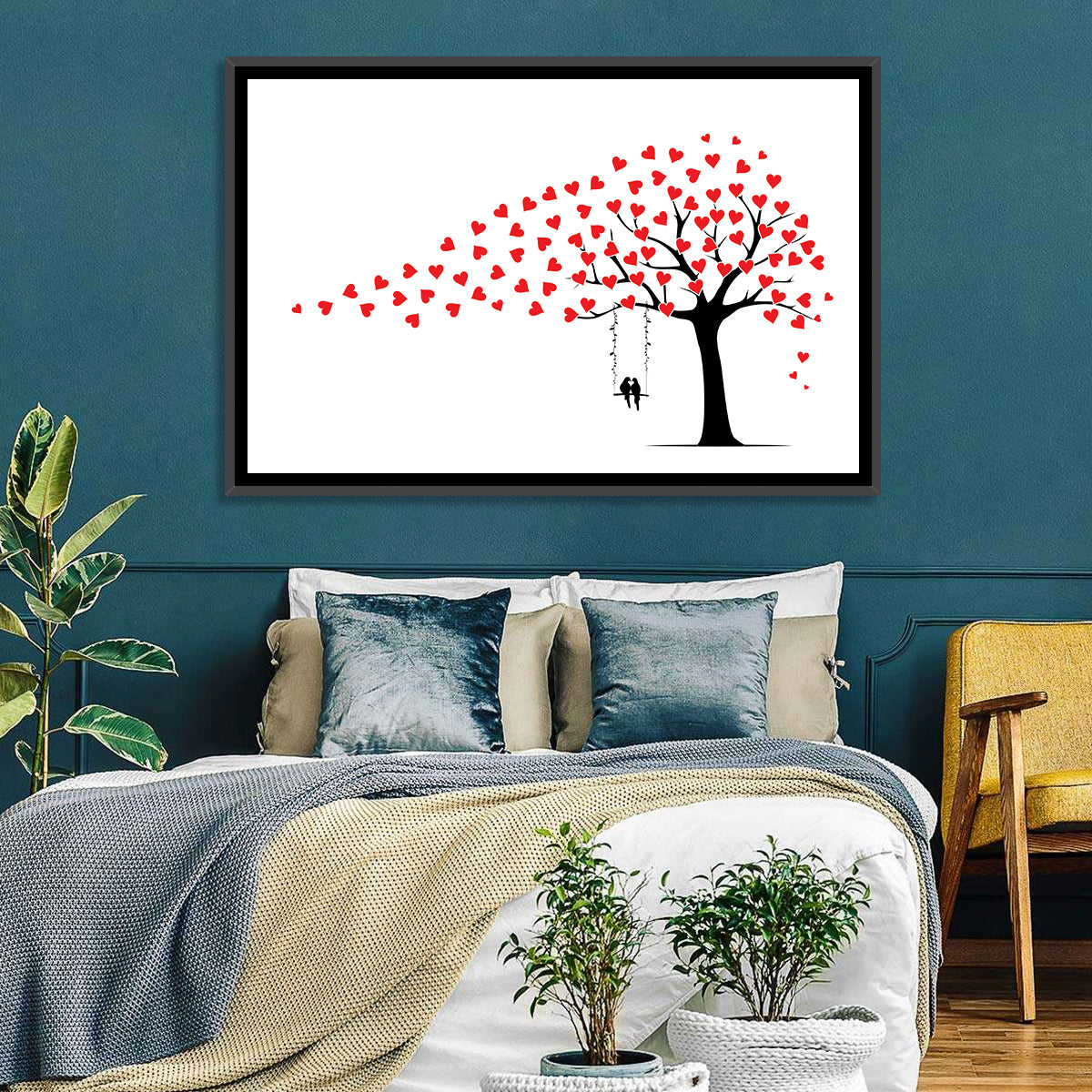 Heart Leaf Tree Silhouette Wall Art in a room, landscape