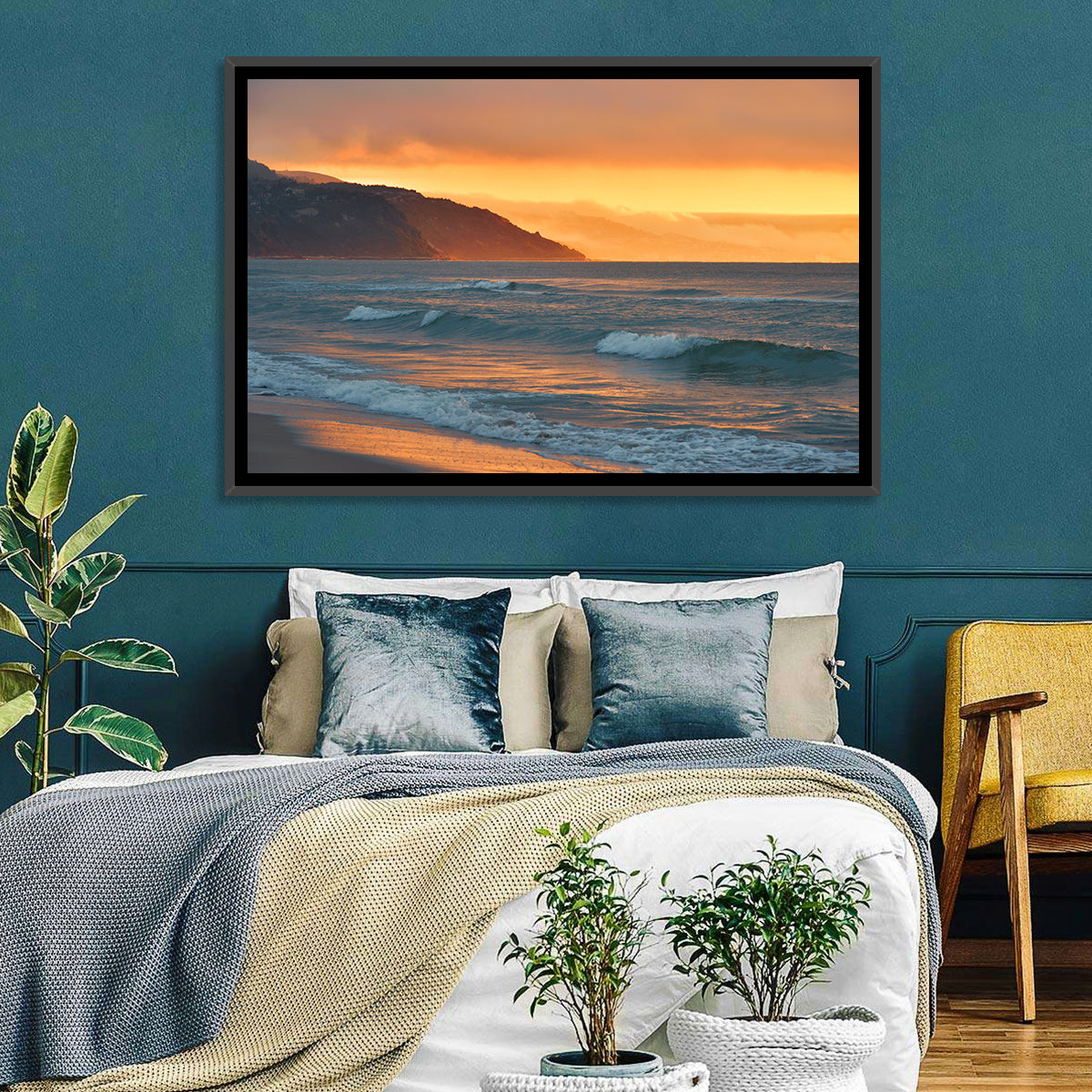 Cliffside Sunset Over Ocean Wall Art in a room, landscape