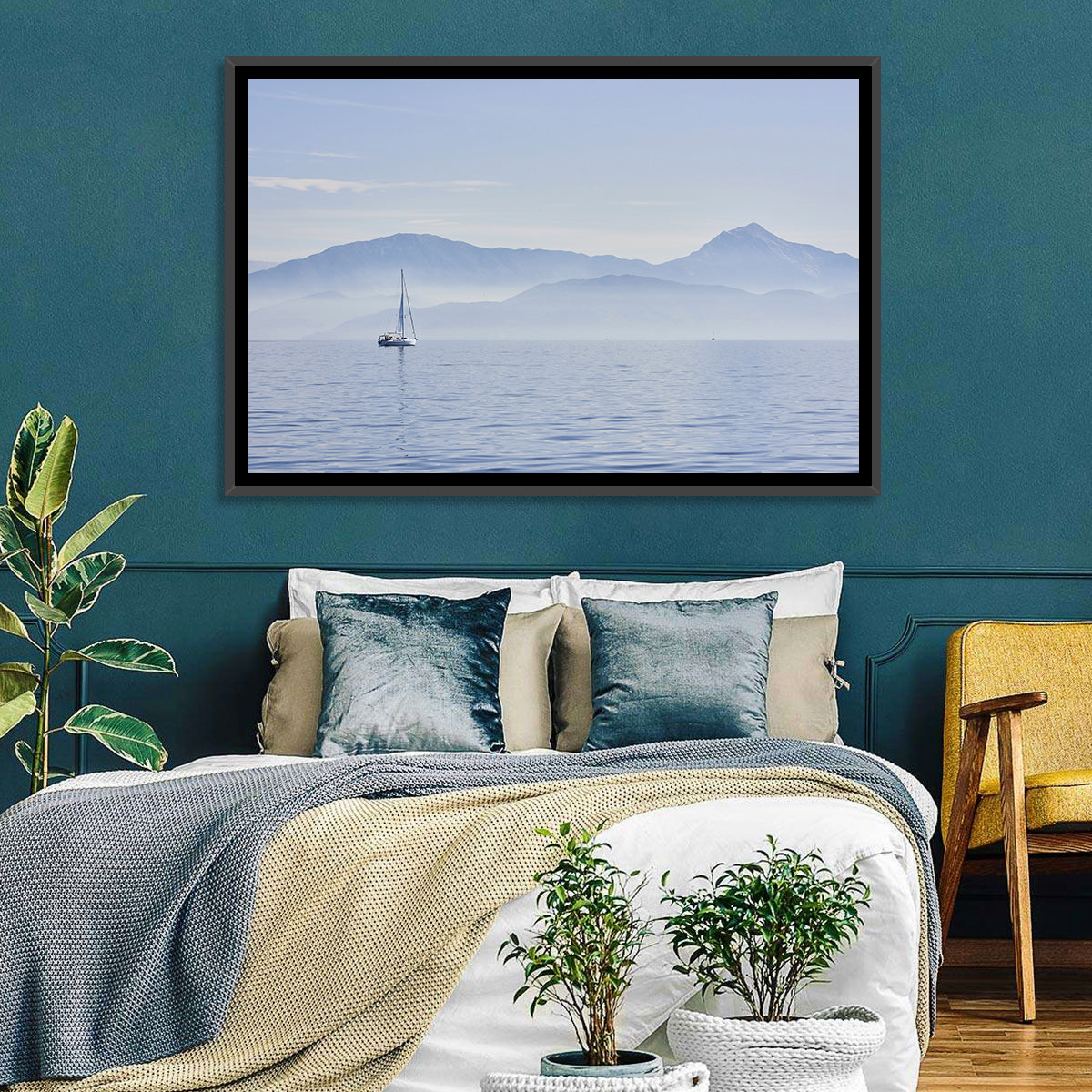 Sailboat and Misty Mountains Wall Art in a room, landscape