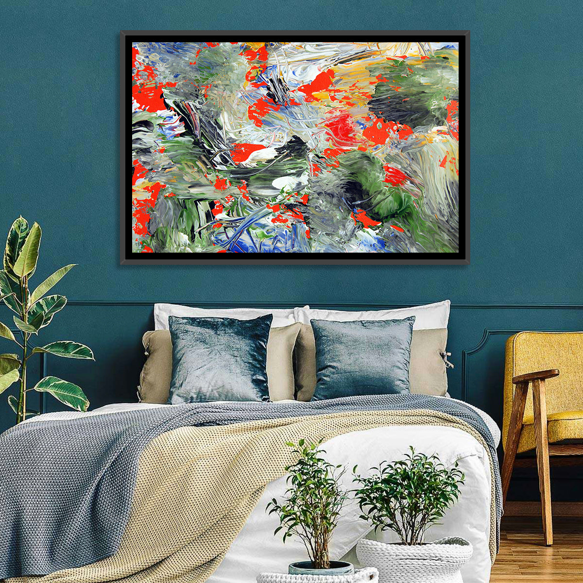 Melting Green Impasto Abstract Wall Art in a room, landscape