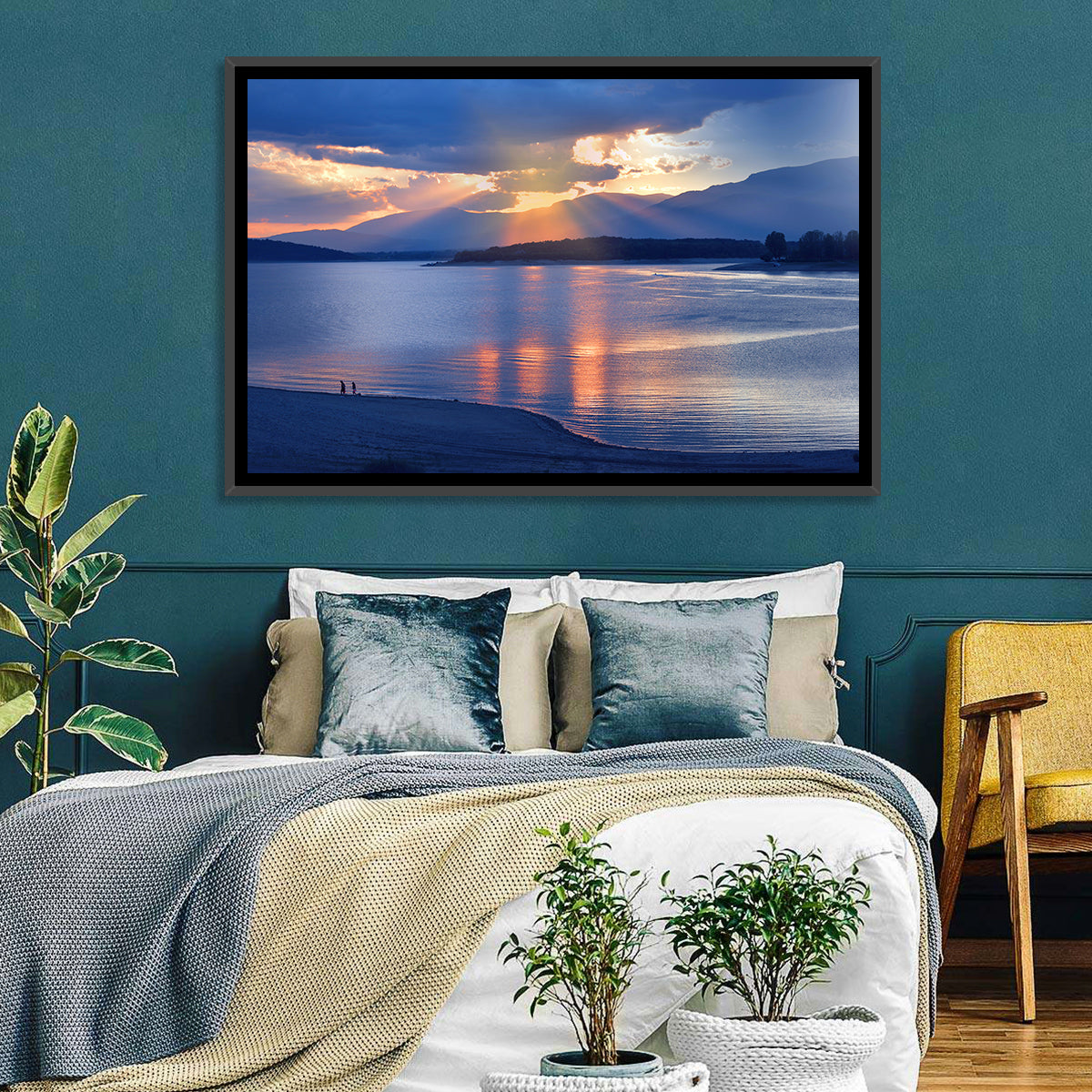 Lake Sunset with Silhouettes Wall Art in a room, landscape