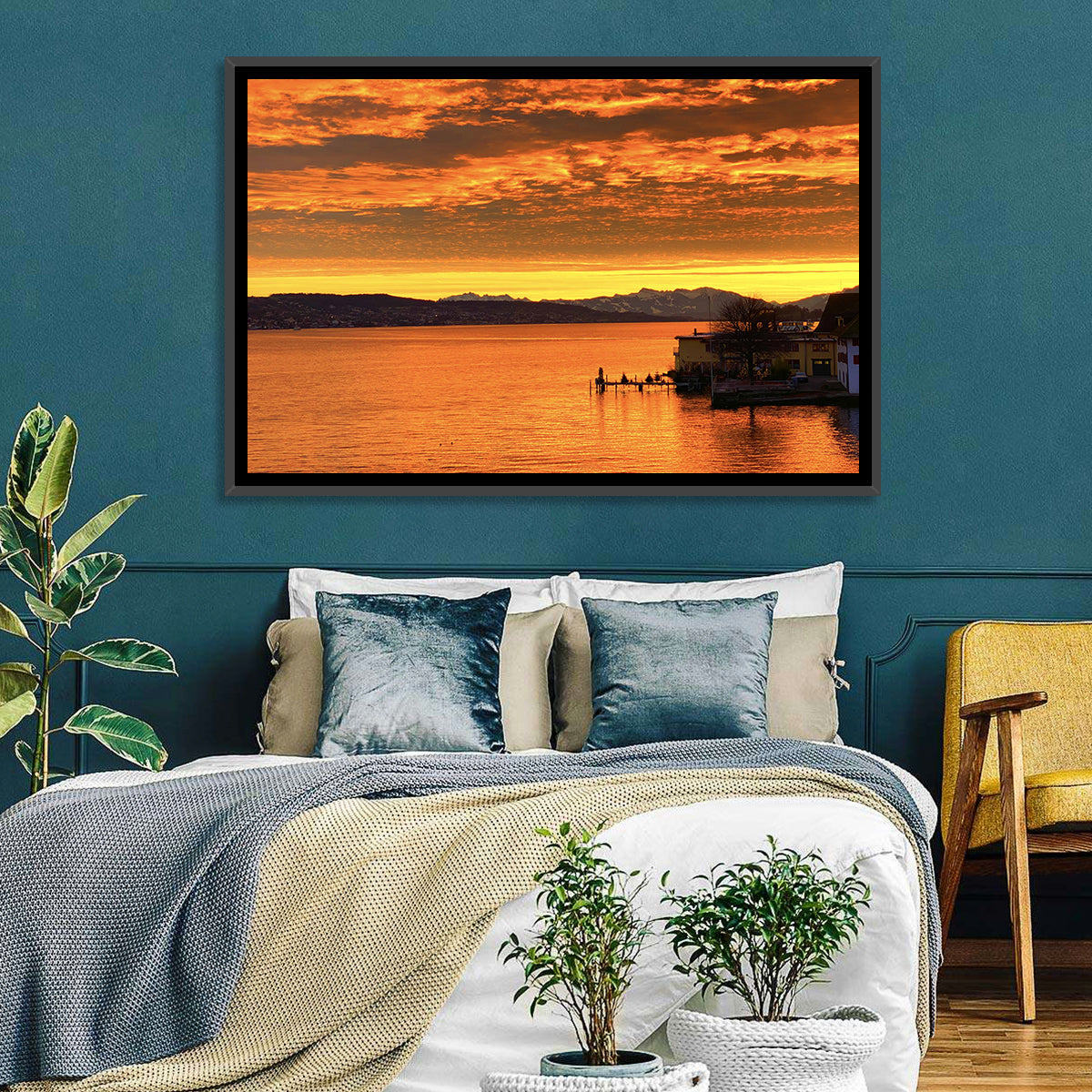 Lake Zurich Golden Sunset Wall Art in a room, landscape