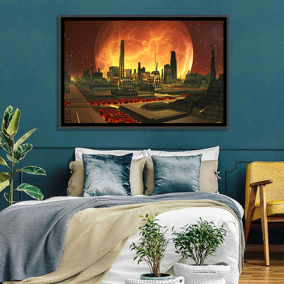 Molten Lunar Cityscape Wall Art in a room, landscape