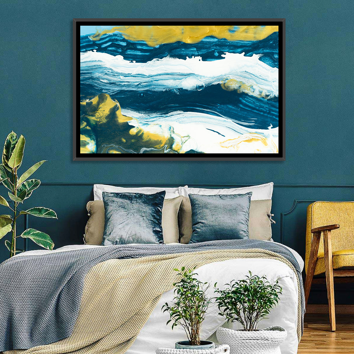 Flowing Streams with Gold Accents Wall Art in a room, landscape