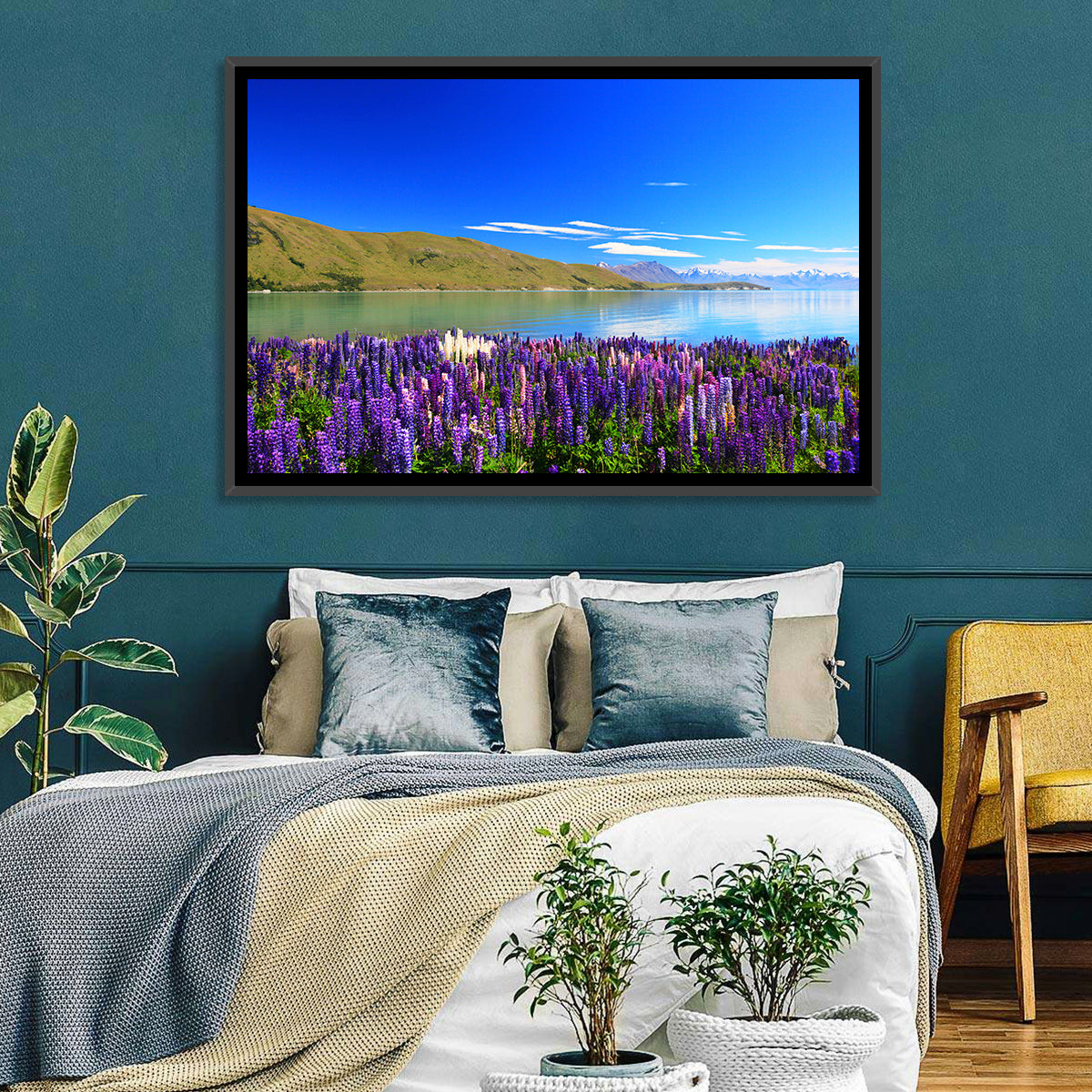 Lake Tekapo Lupine Fields Wall Art in a room, landscape