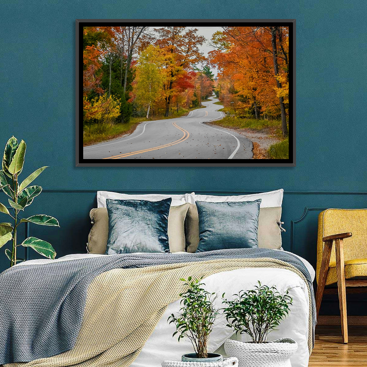 Winding Autumn Highway Wall Art in a room, landscape