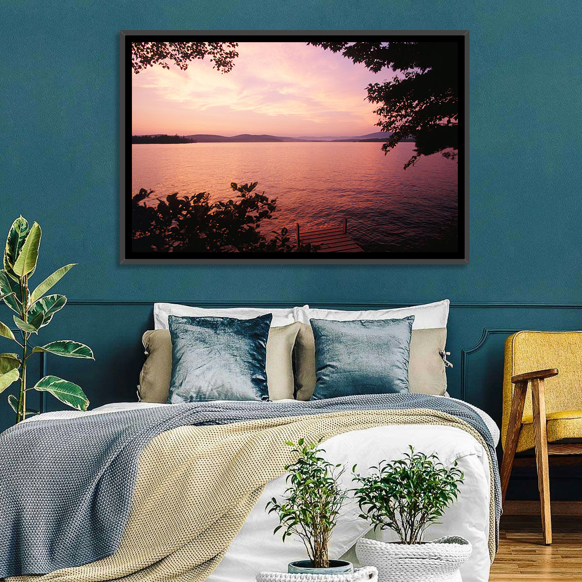 Lake Winnipesaukee Sunset Wall Art in a room, landscape