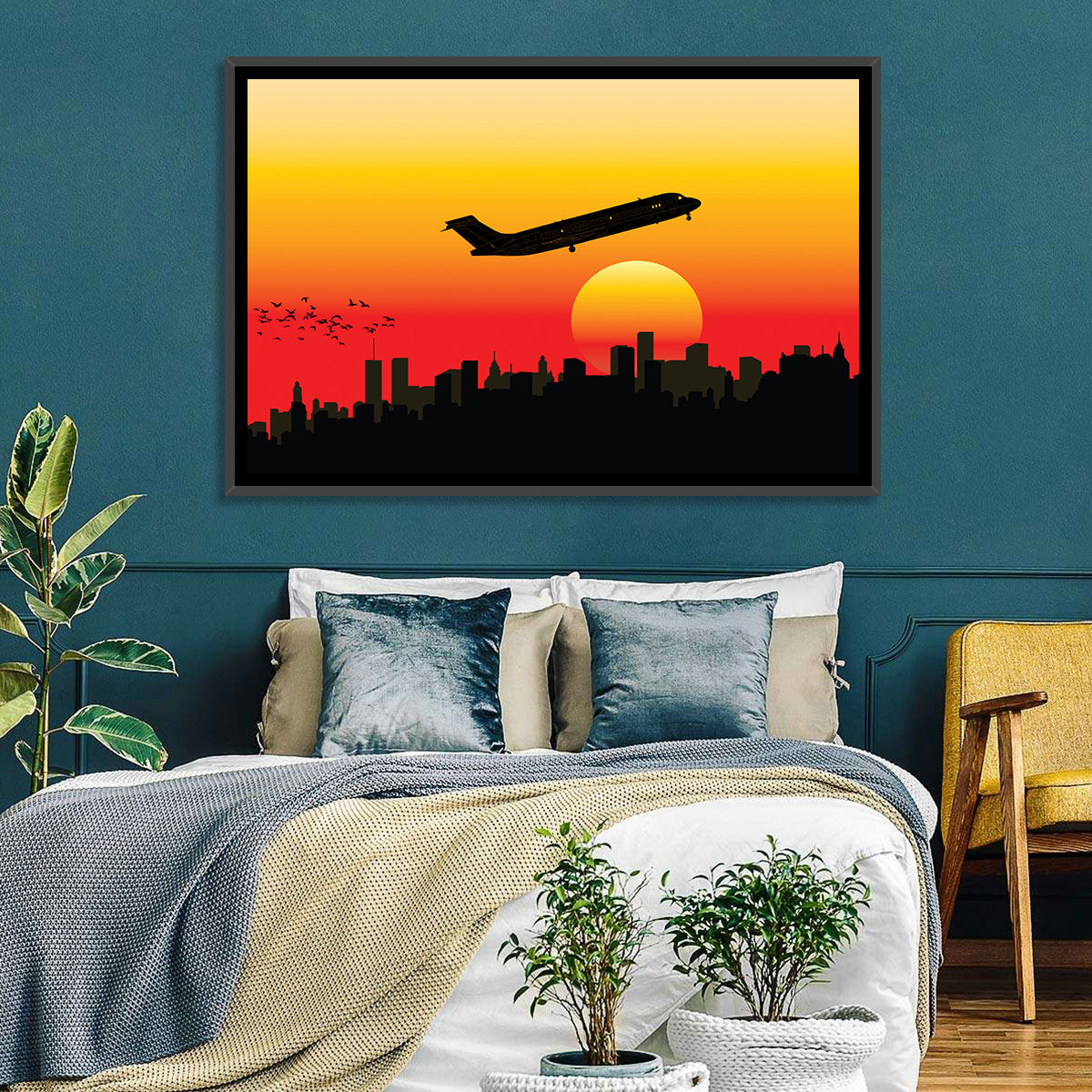 Airplane Over Sunset Skyline Wall Art in a room, landscape