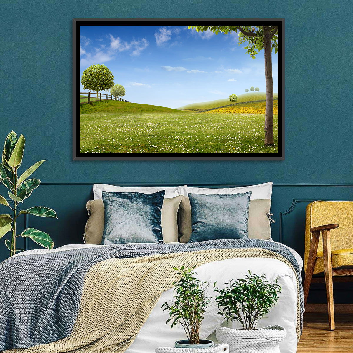 Green Sunflower Fields Wall Art in a room, landscape