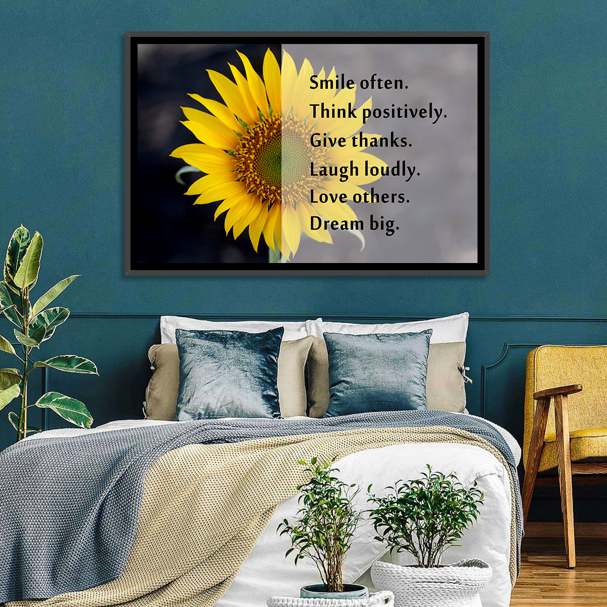 Sunflower Smile Typography Wall Art in a room, landscape