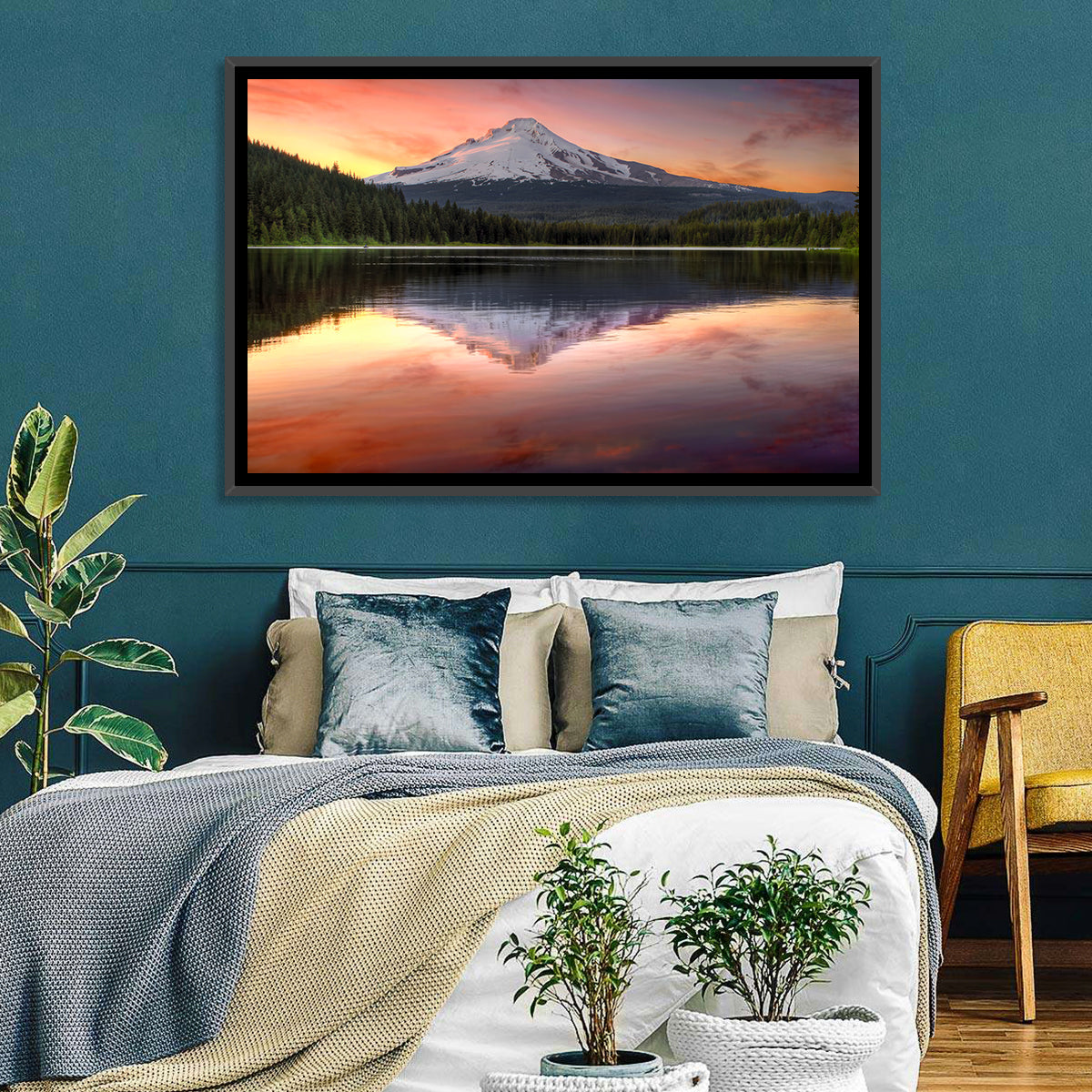 Mount Hood Reflected at Trillium Lake Wall Art in a room, landscape