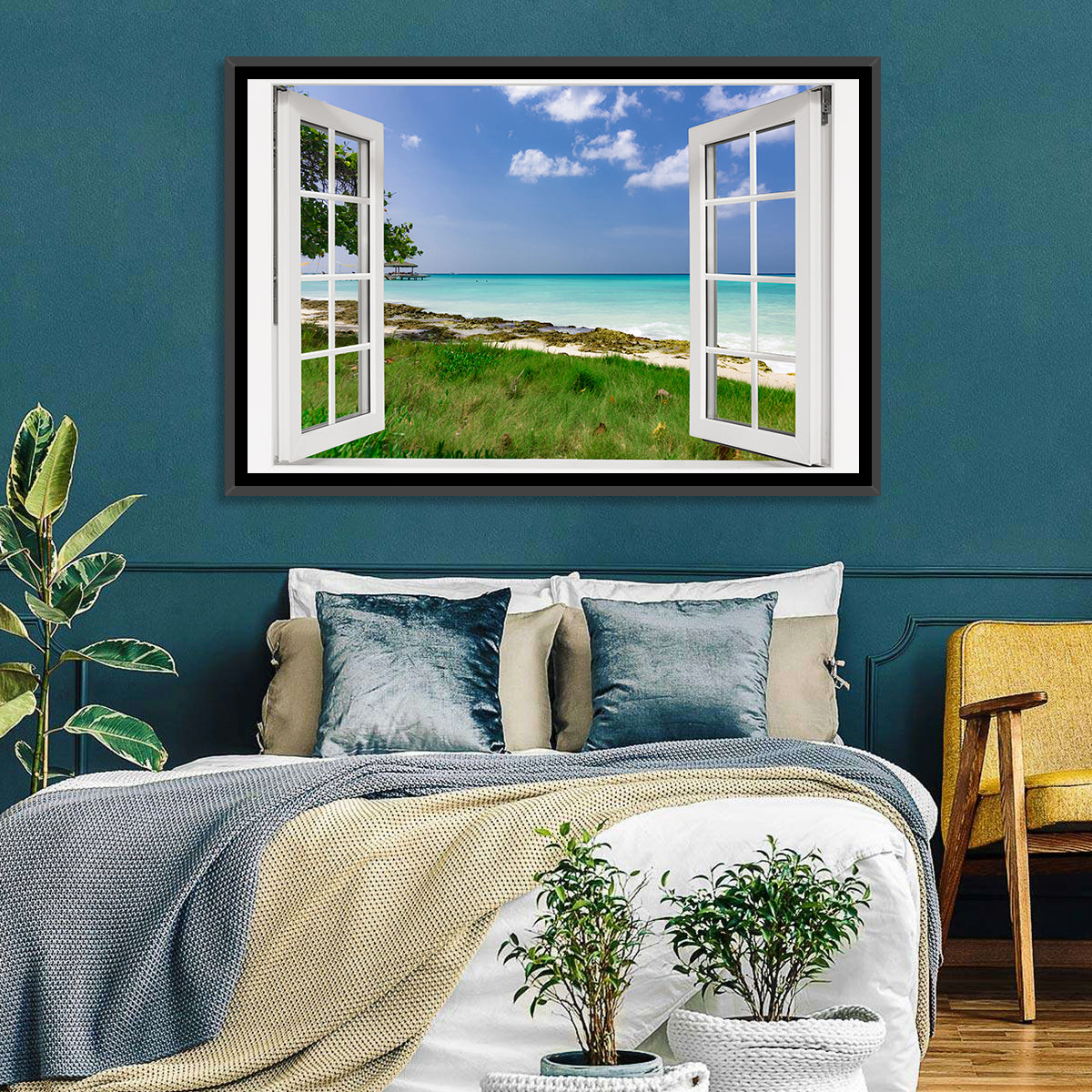 Gazebo on Pier Over Turquoise Ocean Wall Art in a room, landscape