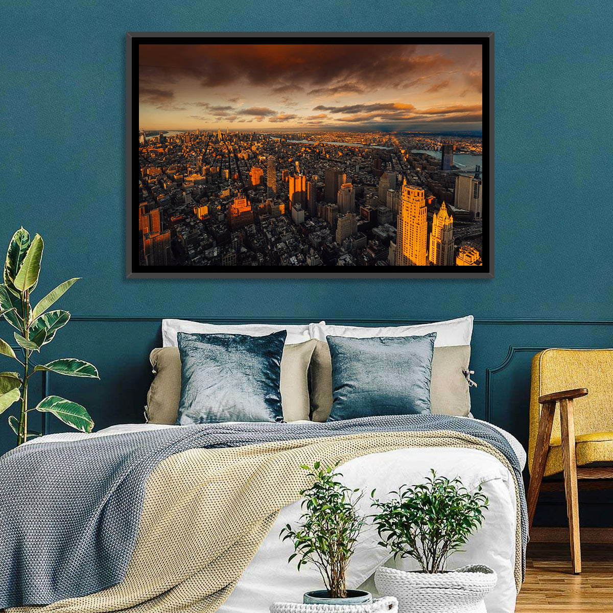 South Manhattan Sunset Skyline Wall Art in a room, landscape