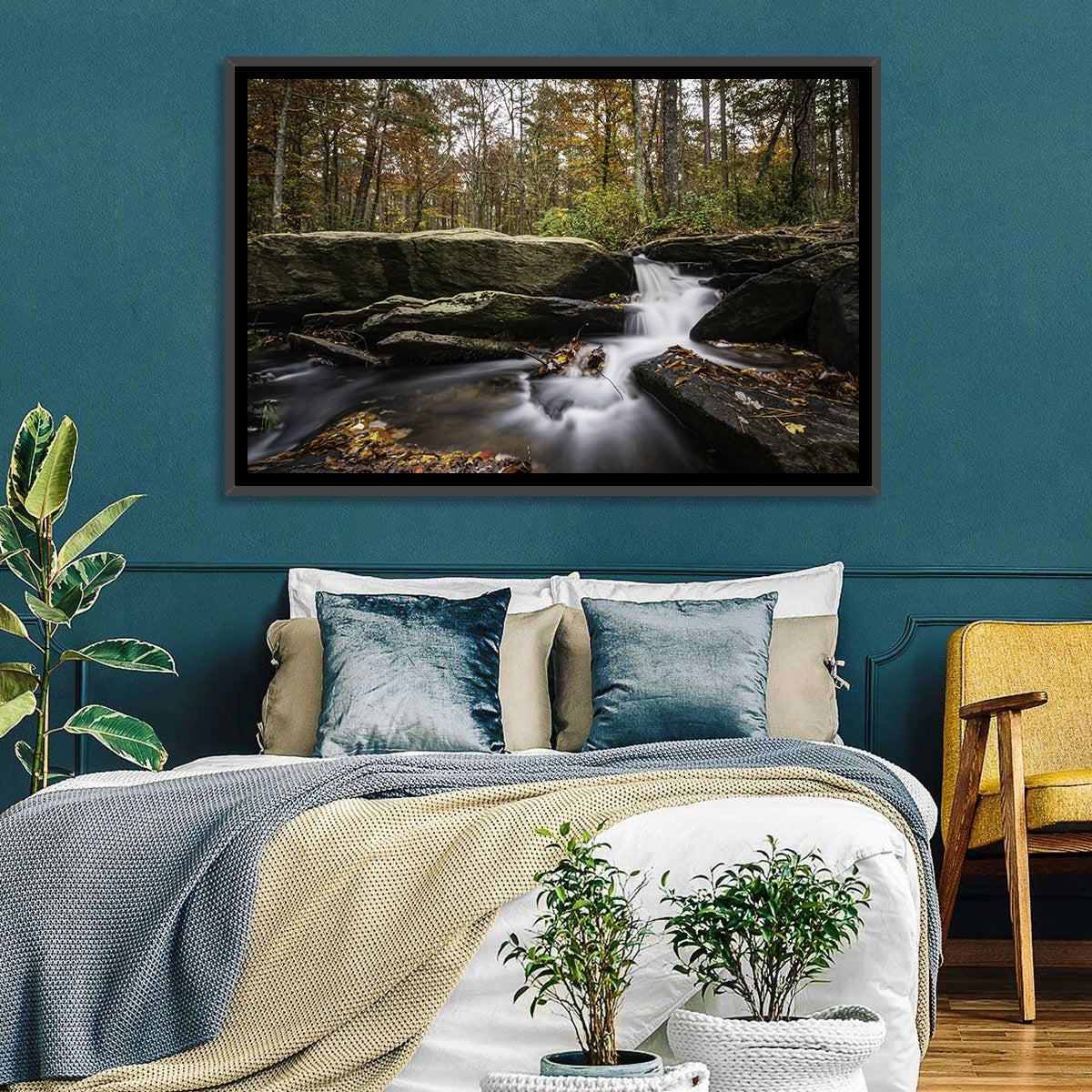 Cheaha Falls Autumn Waterfall Wall Art in a room, landscape