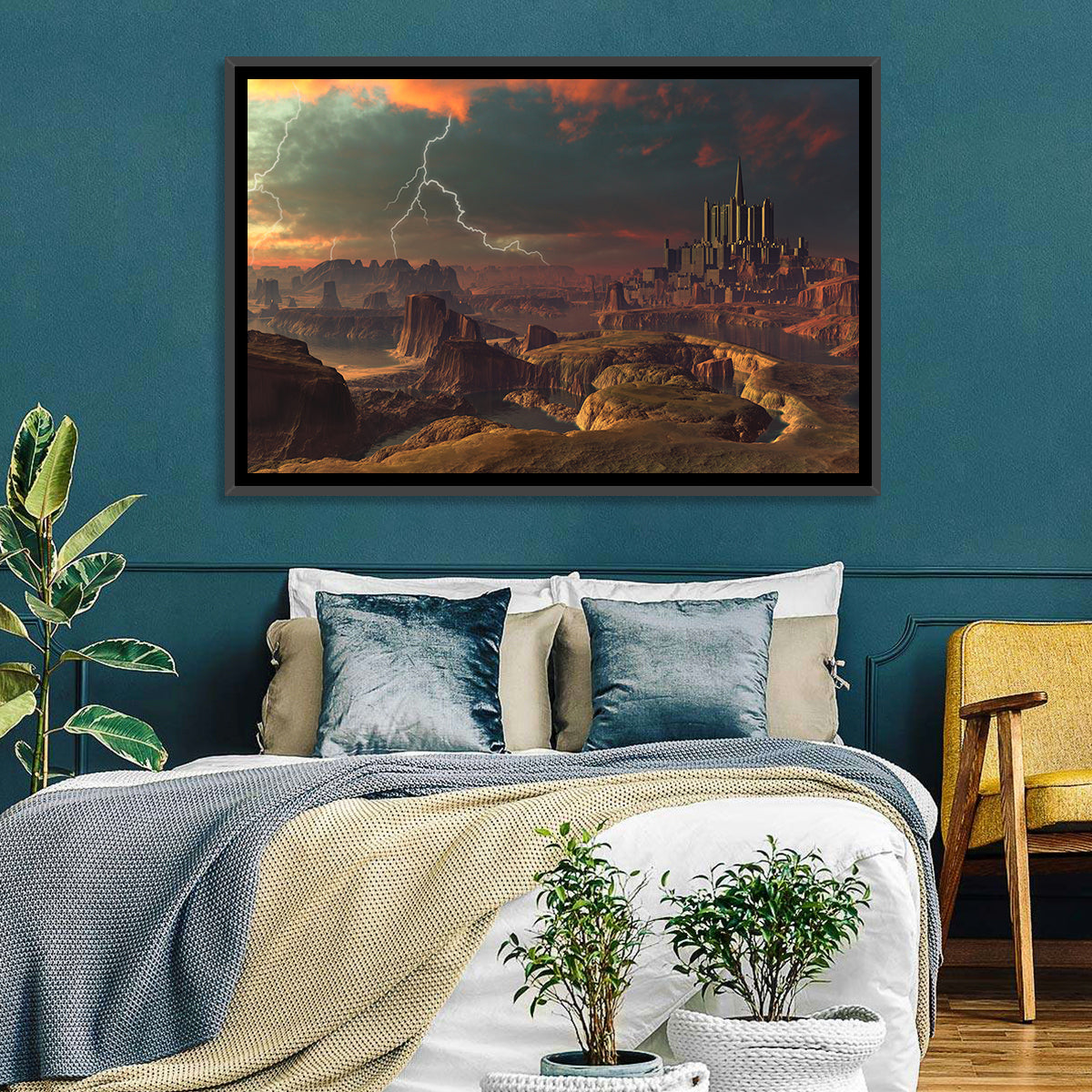 Dusk Storm Over Alien Fortress Wall Art in a room, landscape