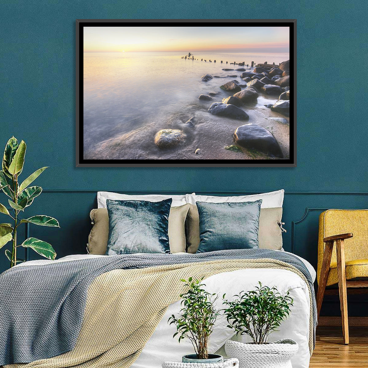 Michigan Shoreline Pilings Wall Art in a room, landscape