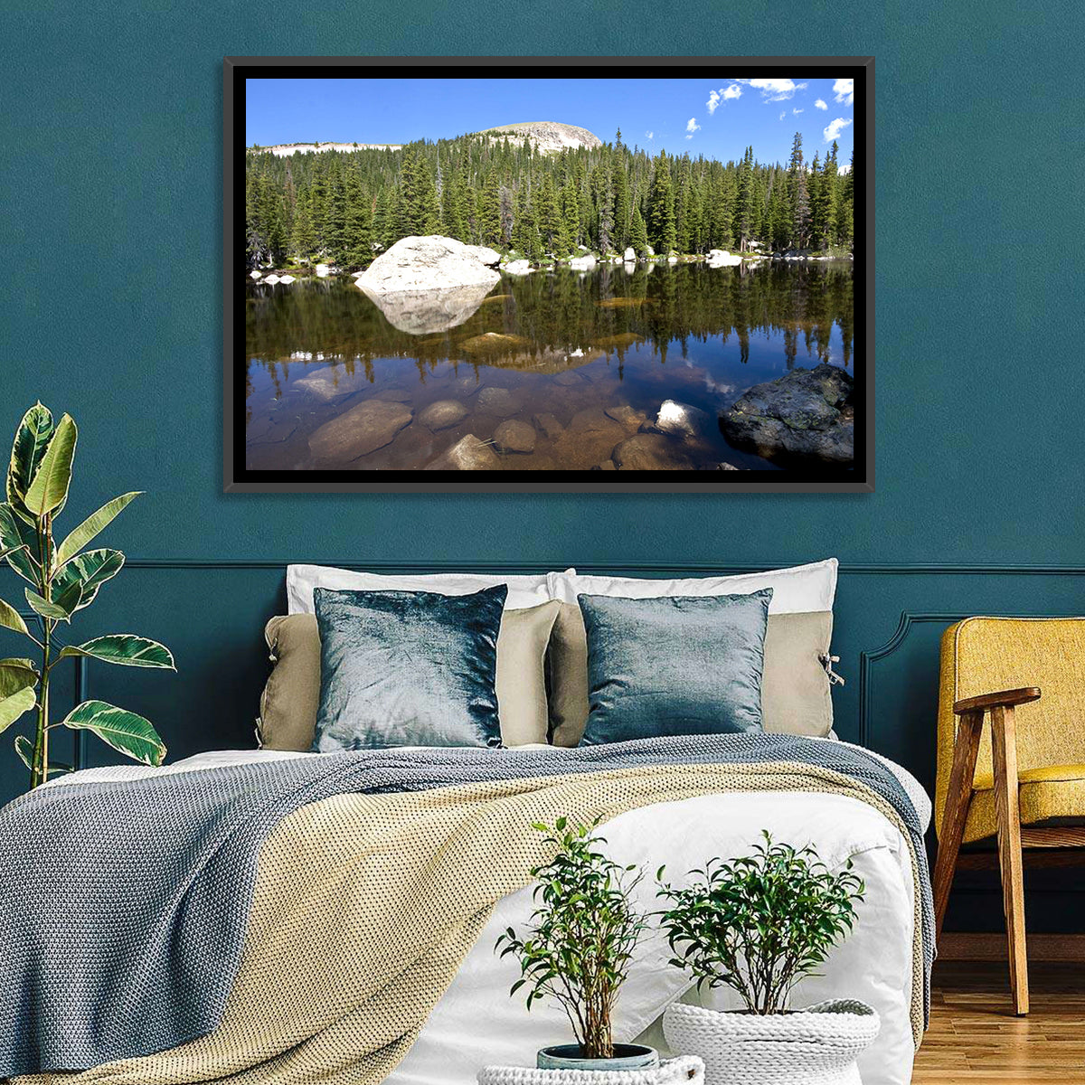 Colorado Forest Lake Reflection Wall Art in a room, landscape