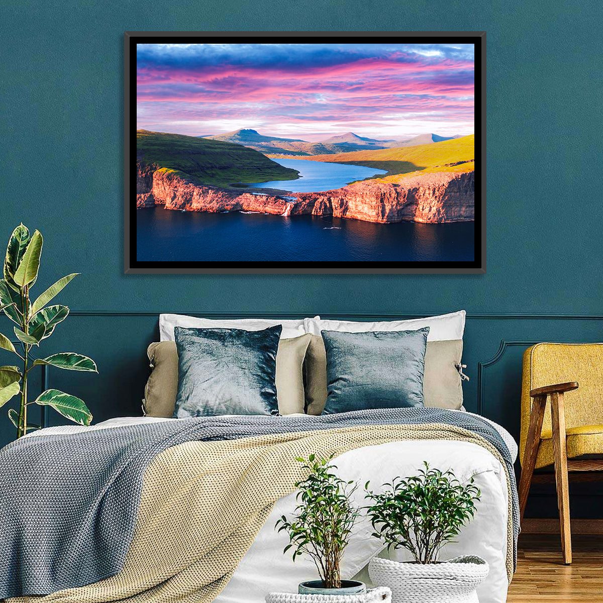 Sørvágsvatn Sunset Wall Art in a room, landscape