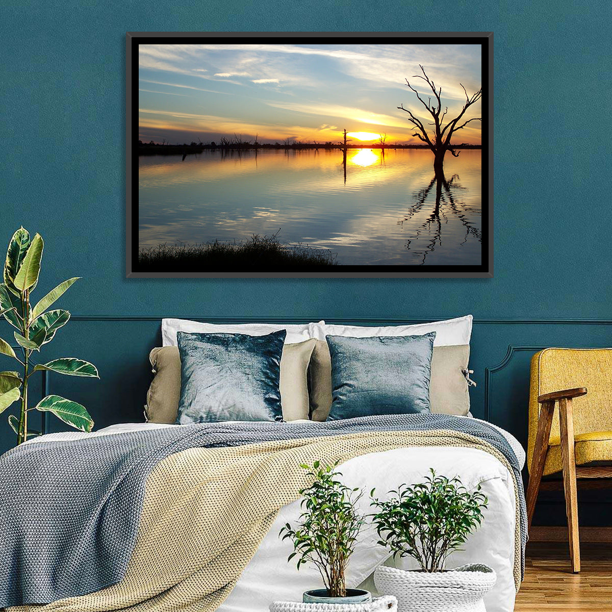 Murray River Sunset Reflection Wall Art in a room, landscape