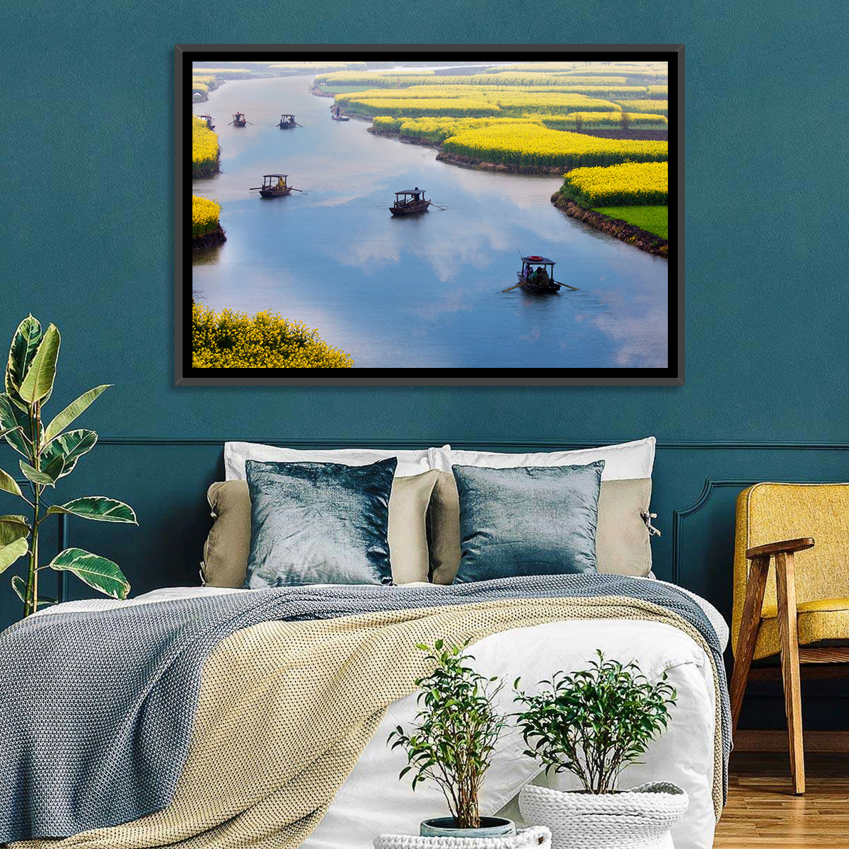 Spring River Rowboats in Rapeseed Fields Wall Art in a room, landscape