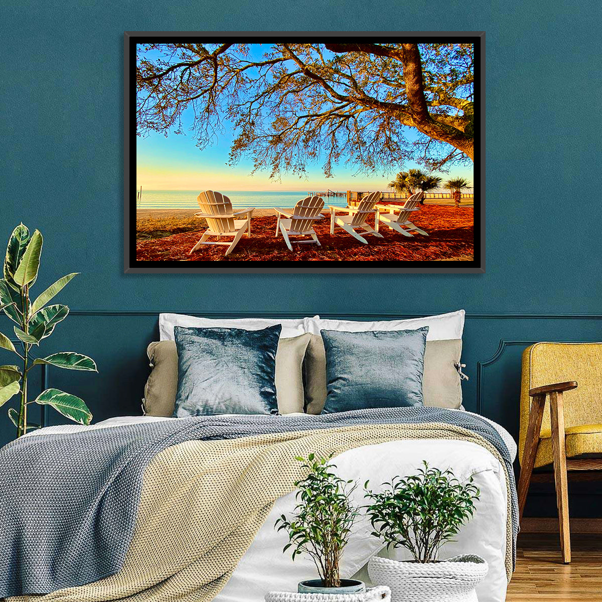 Mobile Bay Adirondack Chairs at Sunrise Wall Art in a room, landscape