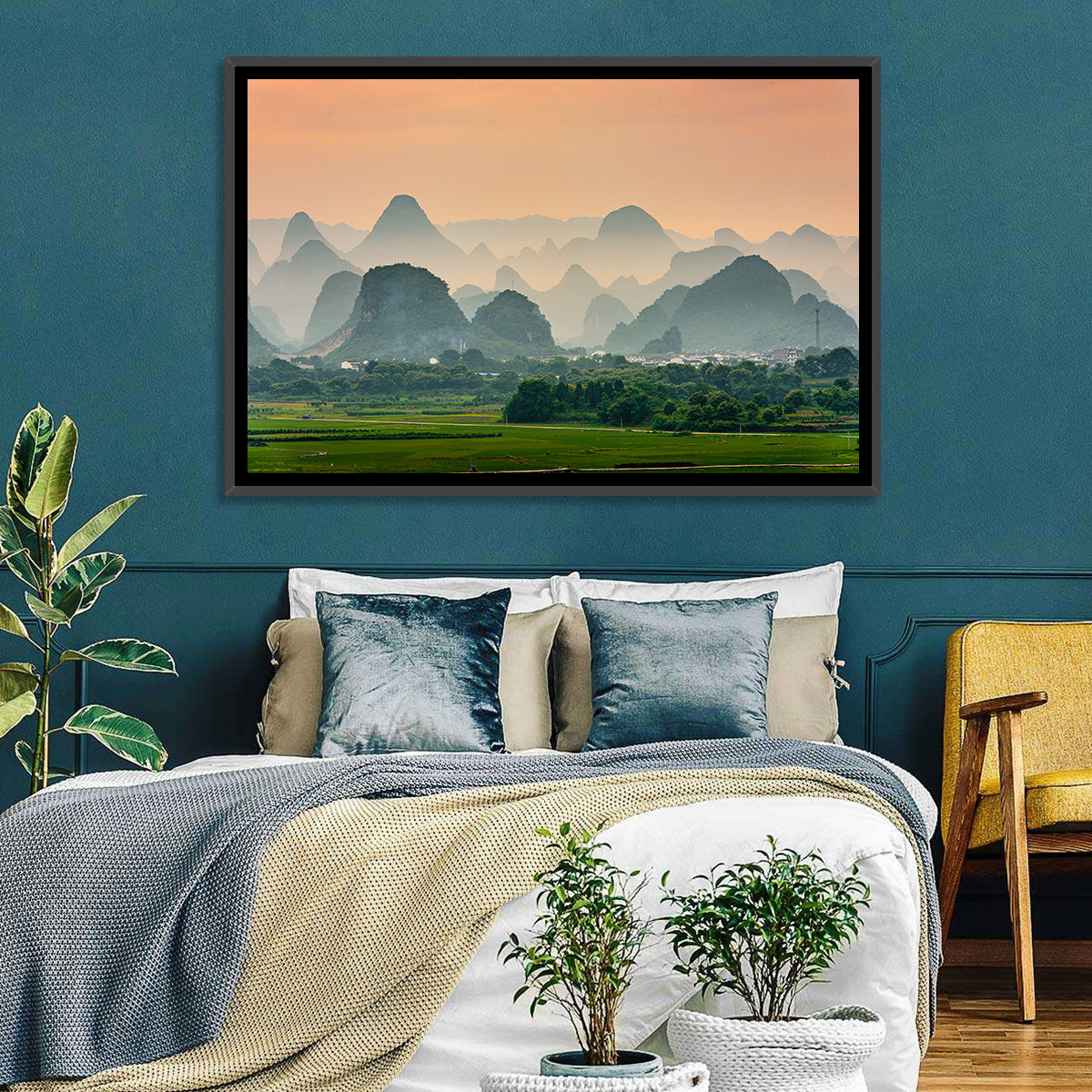 Misty Karst Mountains Wall Art in a room, landscape