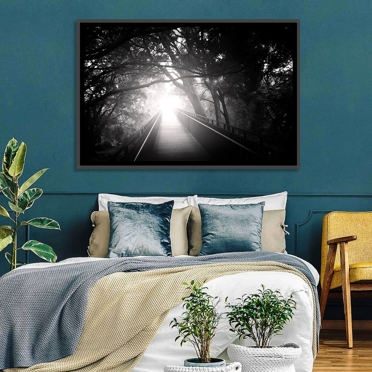 Foggy Forest Bridge Wall Art in a room, landscape