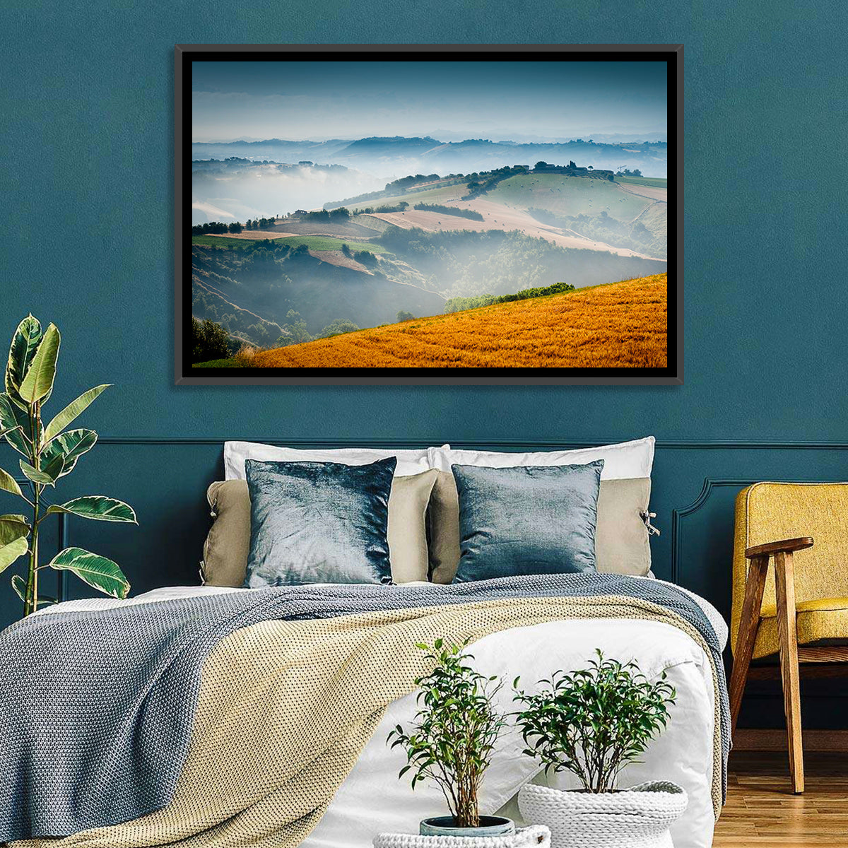 Morning Mist Over Tuscany Wall Art in a room, landscape