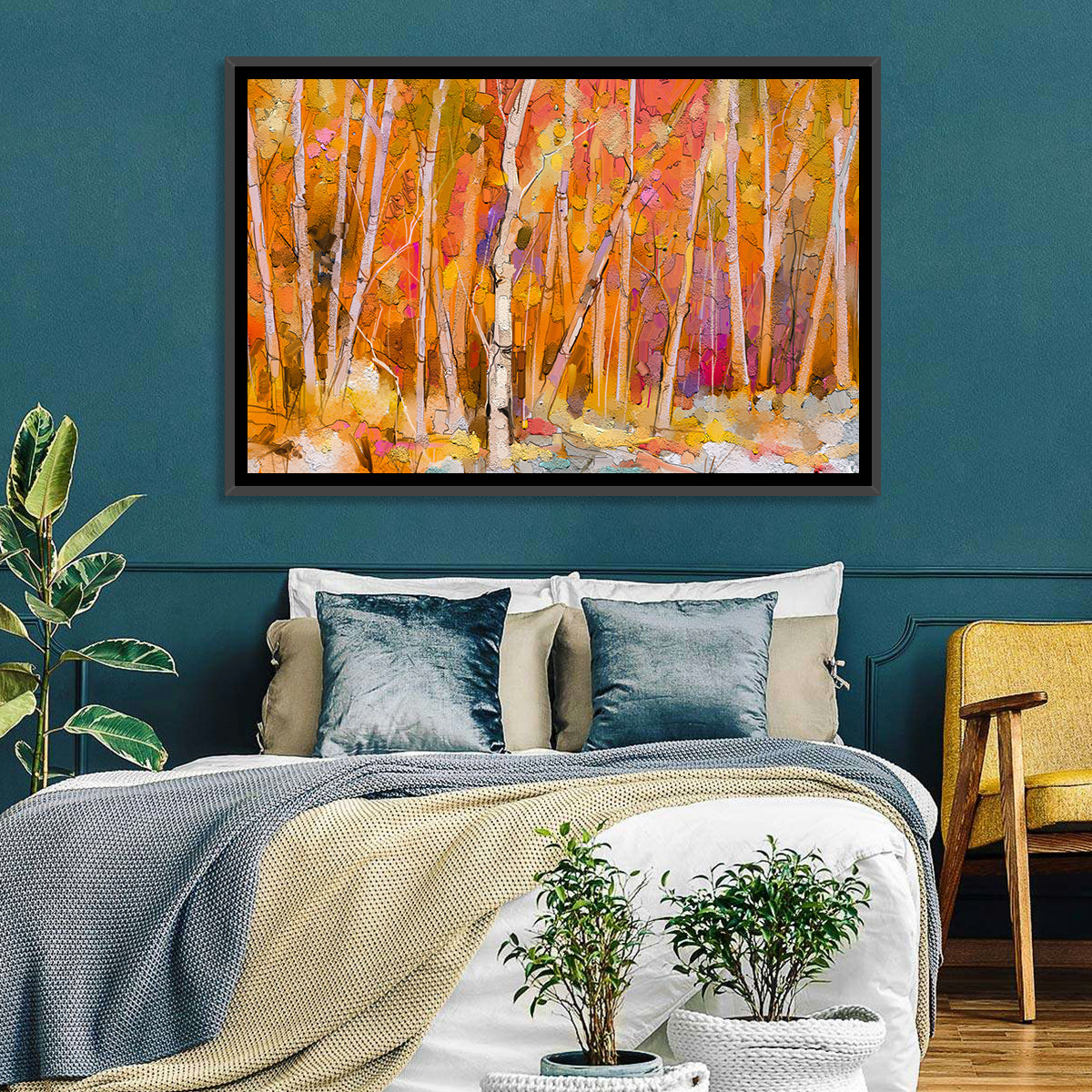 Autumn Birch Grove Painting Wall Art in a room, landscape