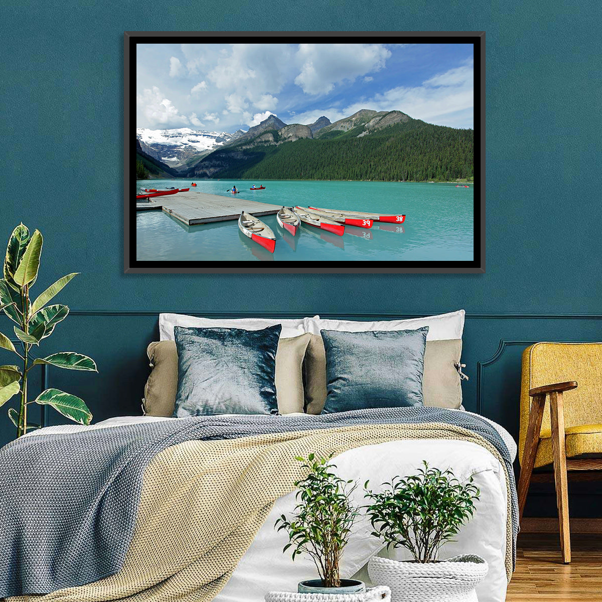 Red Canoes at Lake Louise Wall Art in a room, landscape