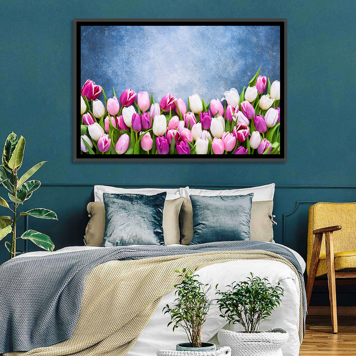 Tulips on Textured Blue Wall Art in a room, landscape