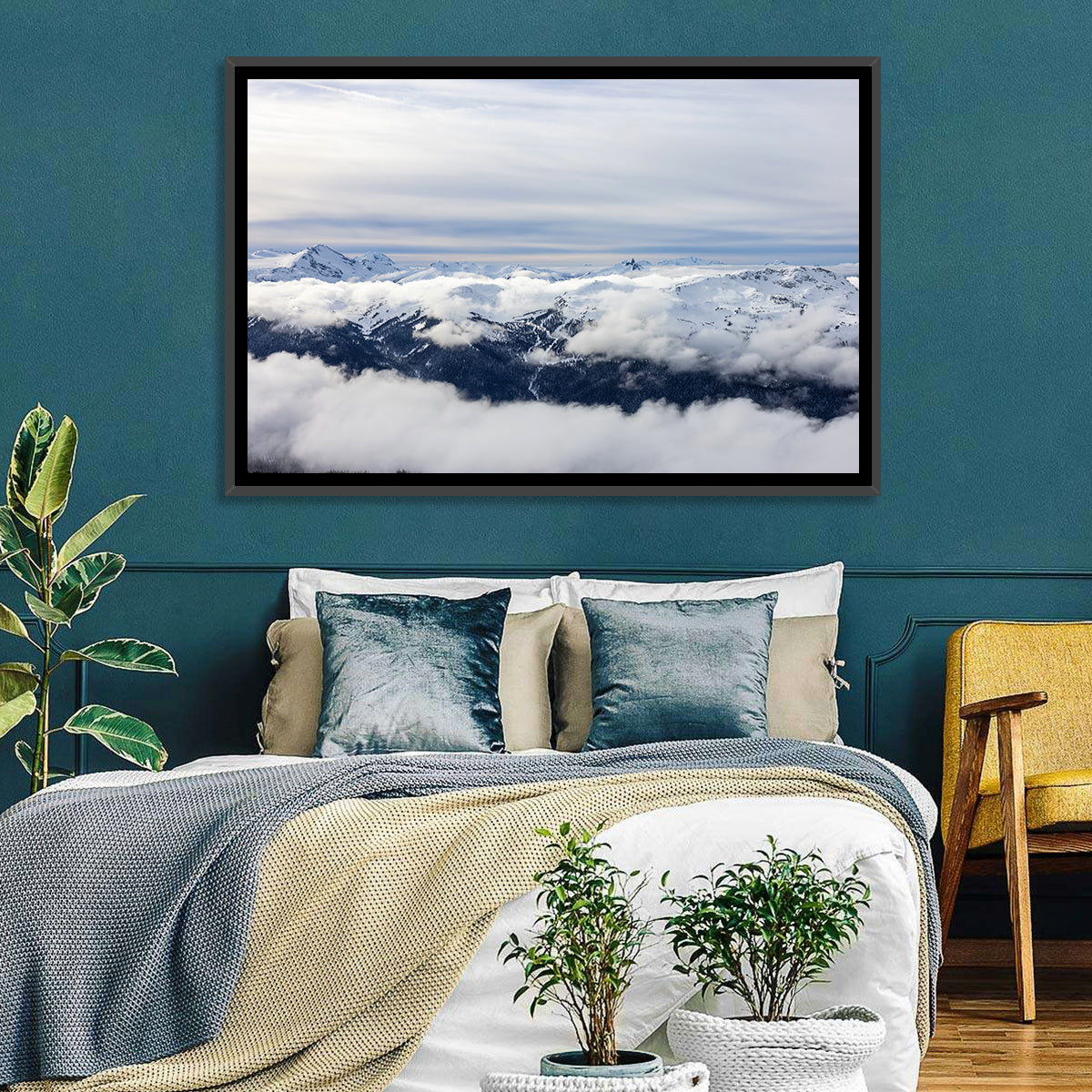 Snow-capped Whistler Peaks Wall Art in a room, landscape