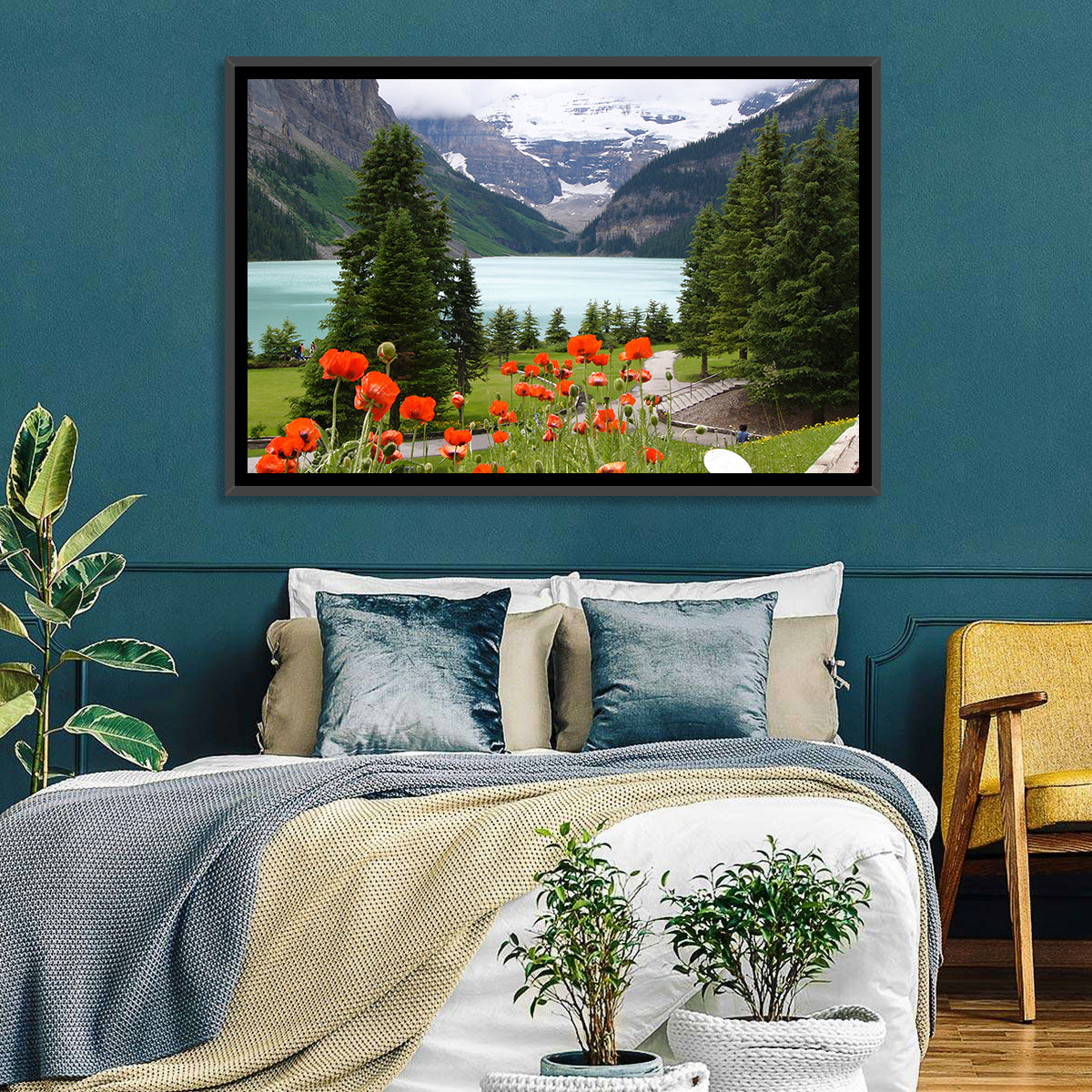 Lake Louise Poppies Wall Art in a room, landscape
