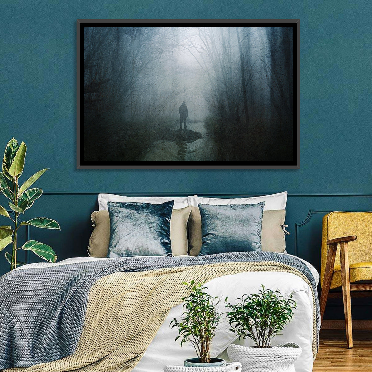 Foggy Forest Pathway Wall Art in a room, landscape