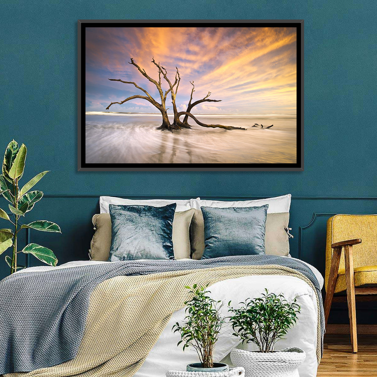 Folly Beach Driftwood Sunset Wall Art in a room, landscape