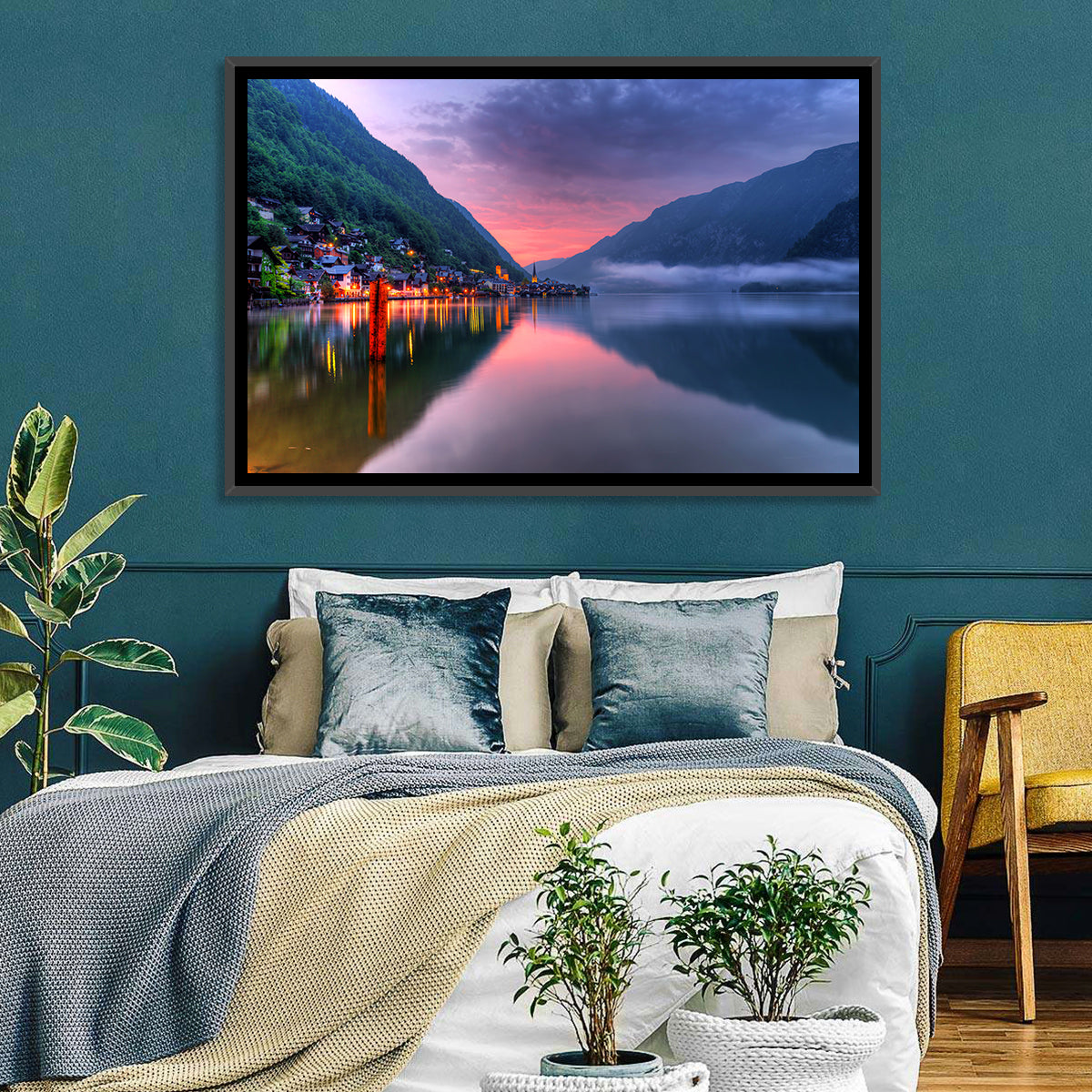 Hallstatt Mountain Village Wall Art in a room, landscape