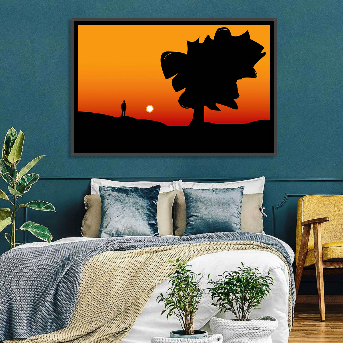 Solitary Sunset Silhouette Wall Art in a room, landscape