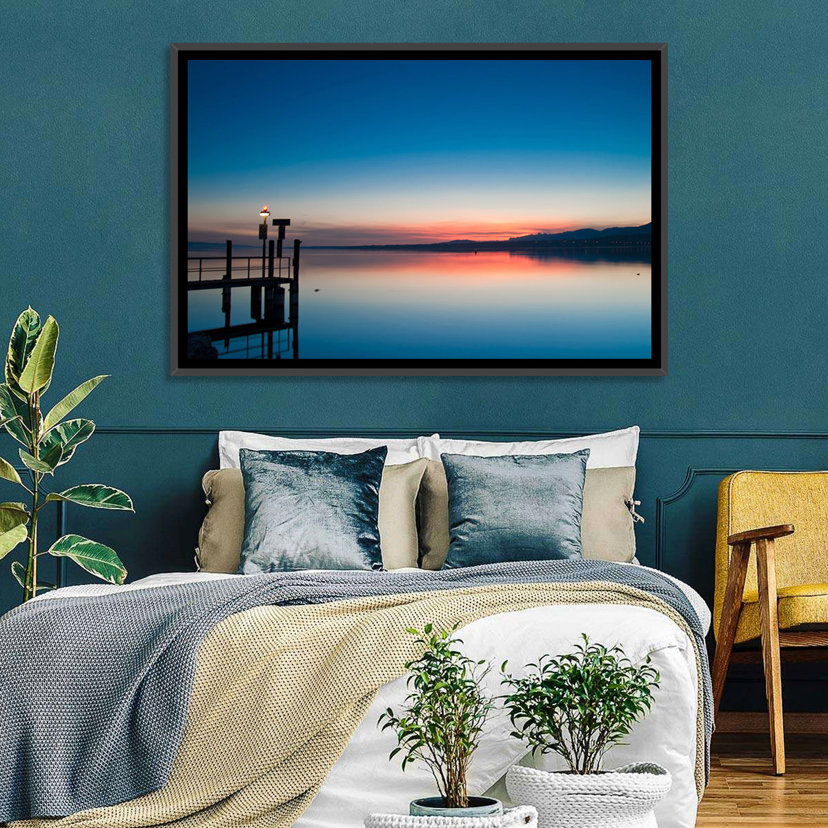 Lake Geneva Sunrise Pier Wall Art in a room, landscape