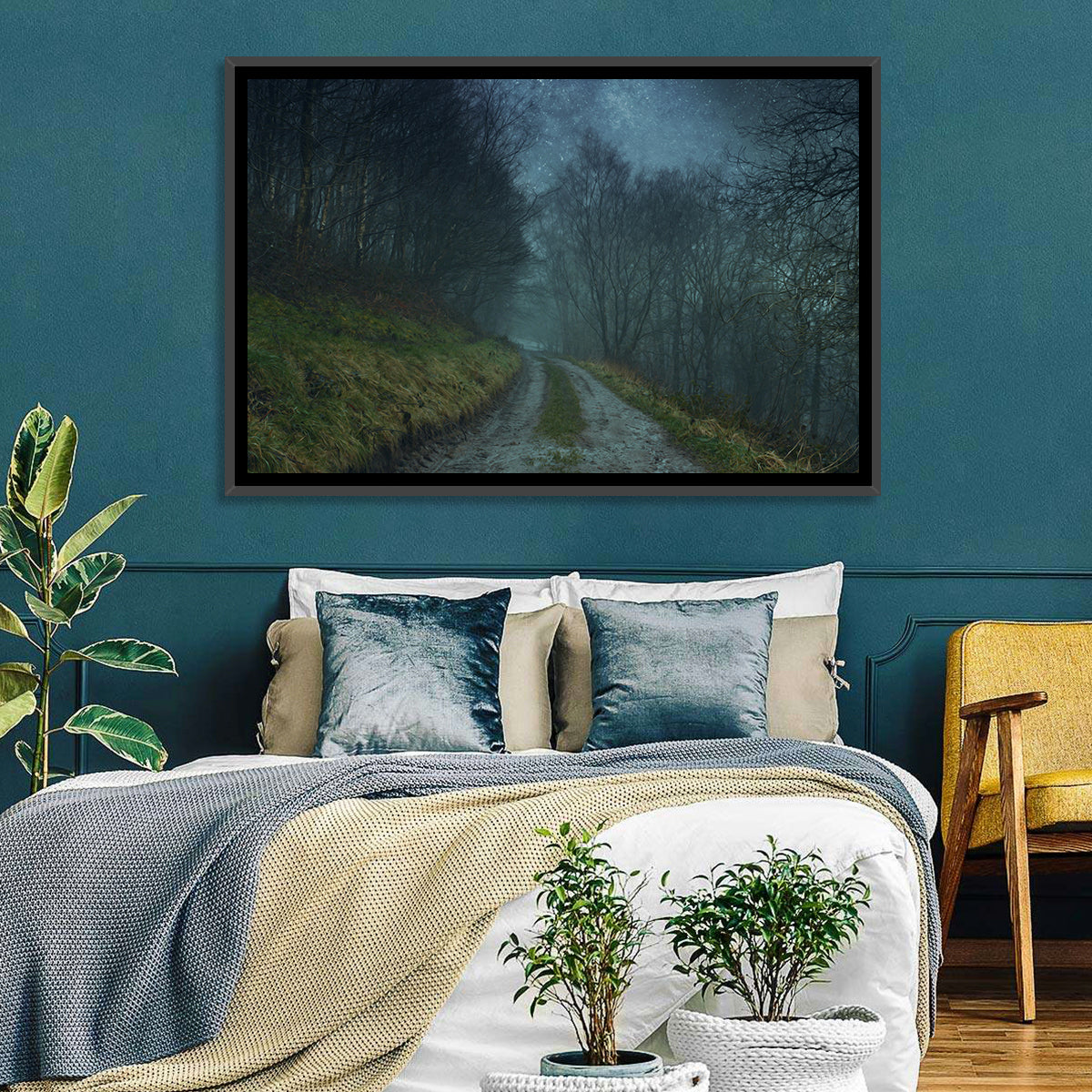 Misty Forest Pathway Wall Art in a room, landscape