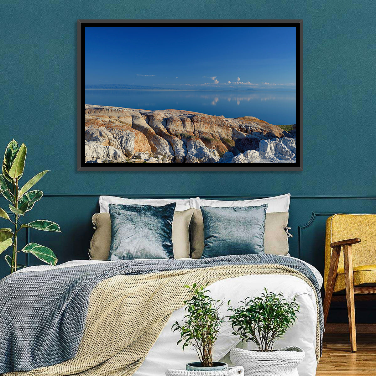 Shekelmes Tract Cliff Over Lake Wall Art in a room, landscape