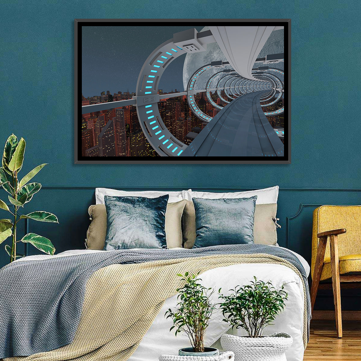Futuristic City Tunnel with Moon Wall Art in a room, landscape